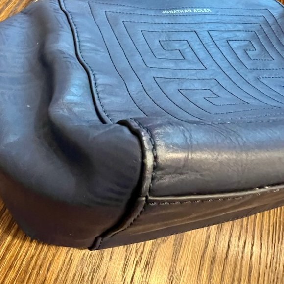 Jonathan Adler purse dark blue leather top handle geometric pattern tote - Picture 11 of 13